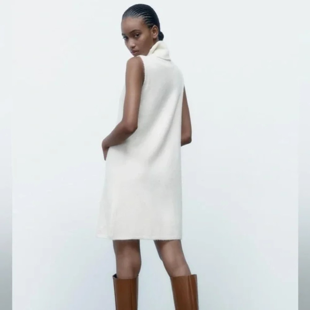Zara Knit Turtleneck Mini Sweater Dress Cream White Size Small - Picture 4 of 7